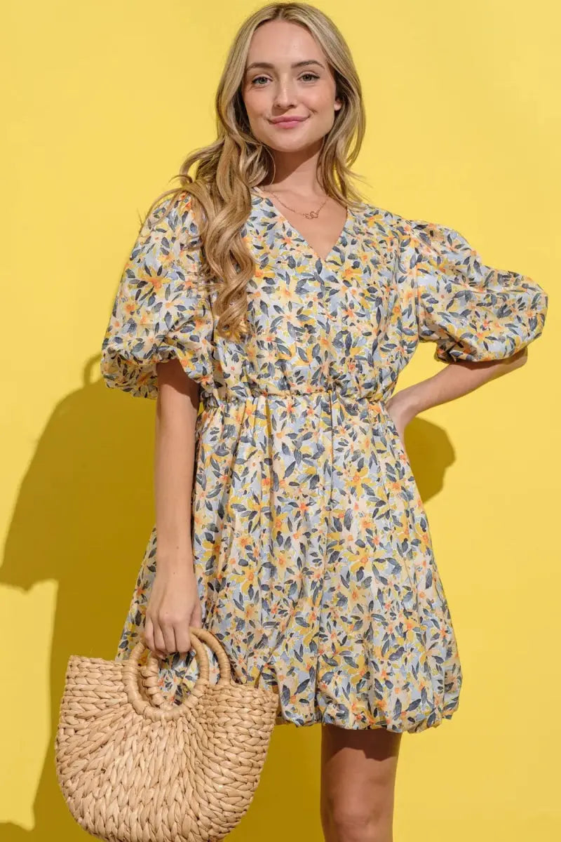 Dresses Trendsi Floral Surplice Puff Sleeve Dress - Full Size, Elegant V-Neck, Long Sleeves, Casual to Formal Wear