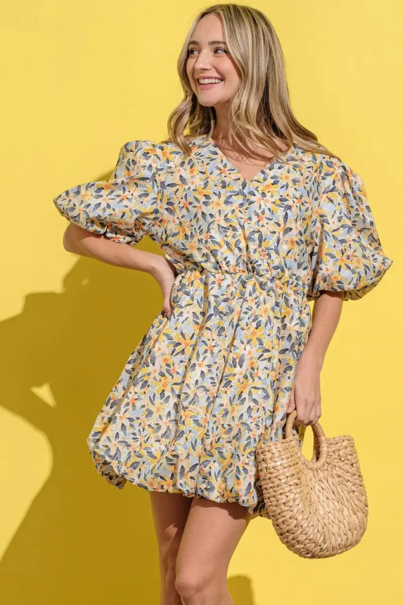 Dresses Trendsi Floral Surplice Puff Sleeve Dress - Full Size, Elegant V-Neck, Long Sleeves, Casual to Formal Wear