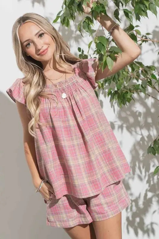 Apparel & Accessories > Clothing > Shirts & Tops Trendsi And The Why Plaid Print Smocked Ruffle Baby Doll Top - Women's Shirts & Tops