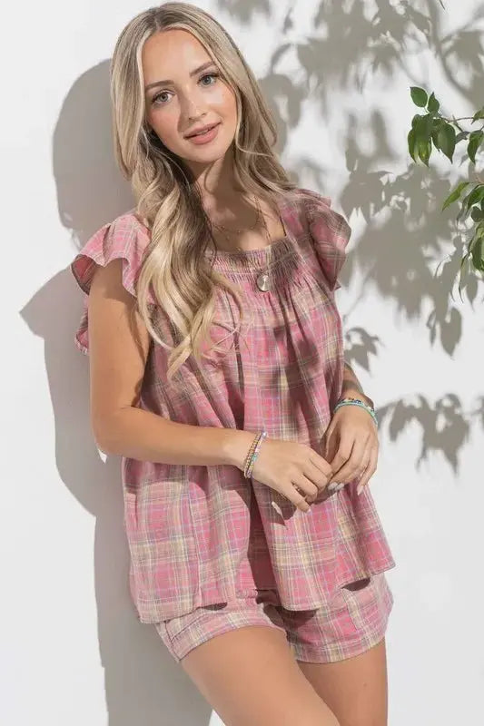 Apparel & Accessories > Clothing > Shirts & Tops Trendsi And The Why Plaid Print Smocked Ruffle Baby Doll Top - Women's Shirts & Tops