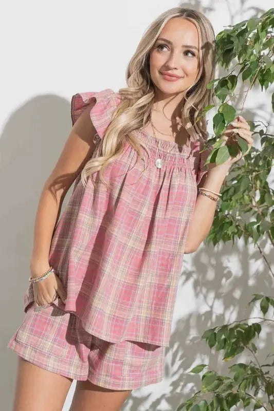 Apparel & Accessories > Clothing > Shirts & Tops Trendsi And The Why Plaid Print Smocked Ruffle Baby Doll Top - Women's Shirts & Tops
