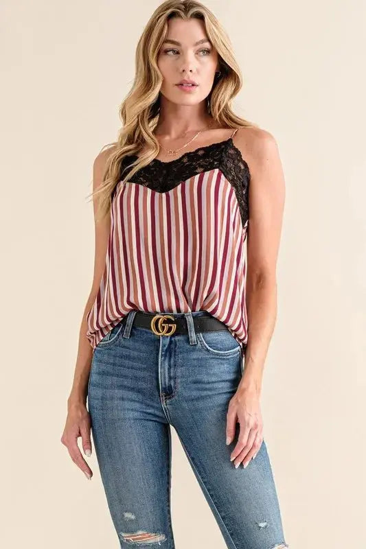 Top lencero - Estampado de rayas y detalle de encaje - Sin mangas
