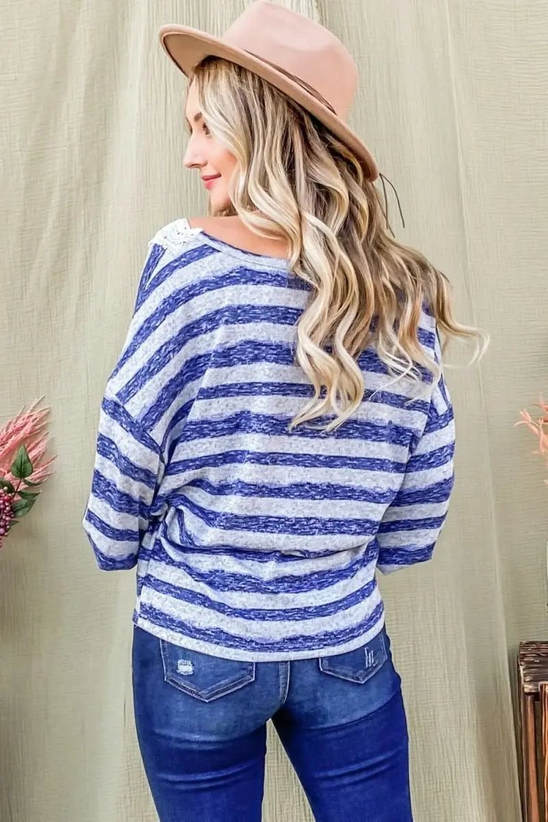 Accessories And The Why Striped Lace Detail V Neck Top by Lovesalve WS