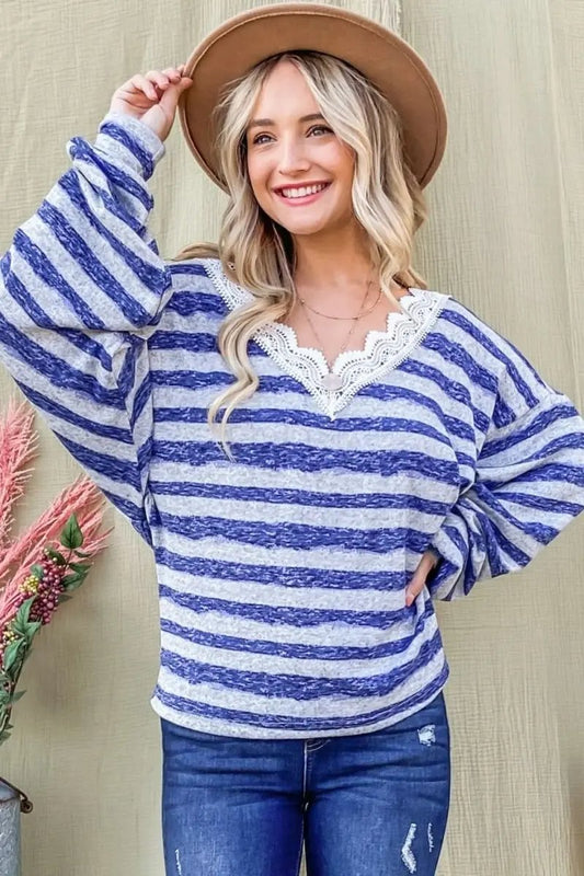 Accessories And The Why Striped Lace Detail V Neck Top by Lovesalve WS