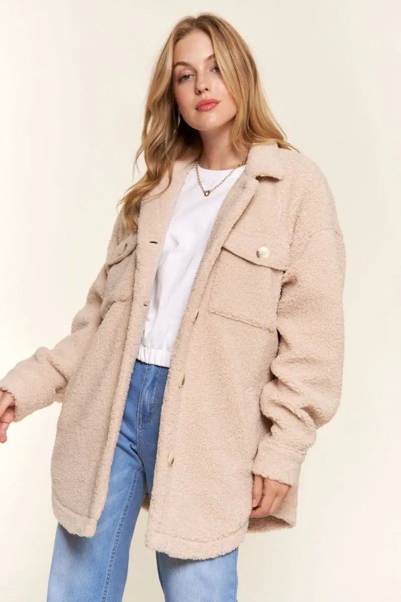 Accessories Trendsi And The Why Teddy Sherpa Shacket - Button Down, Curved Hem Outerwear