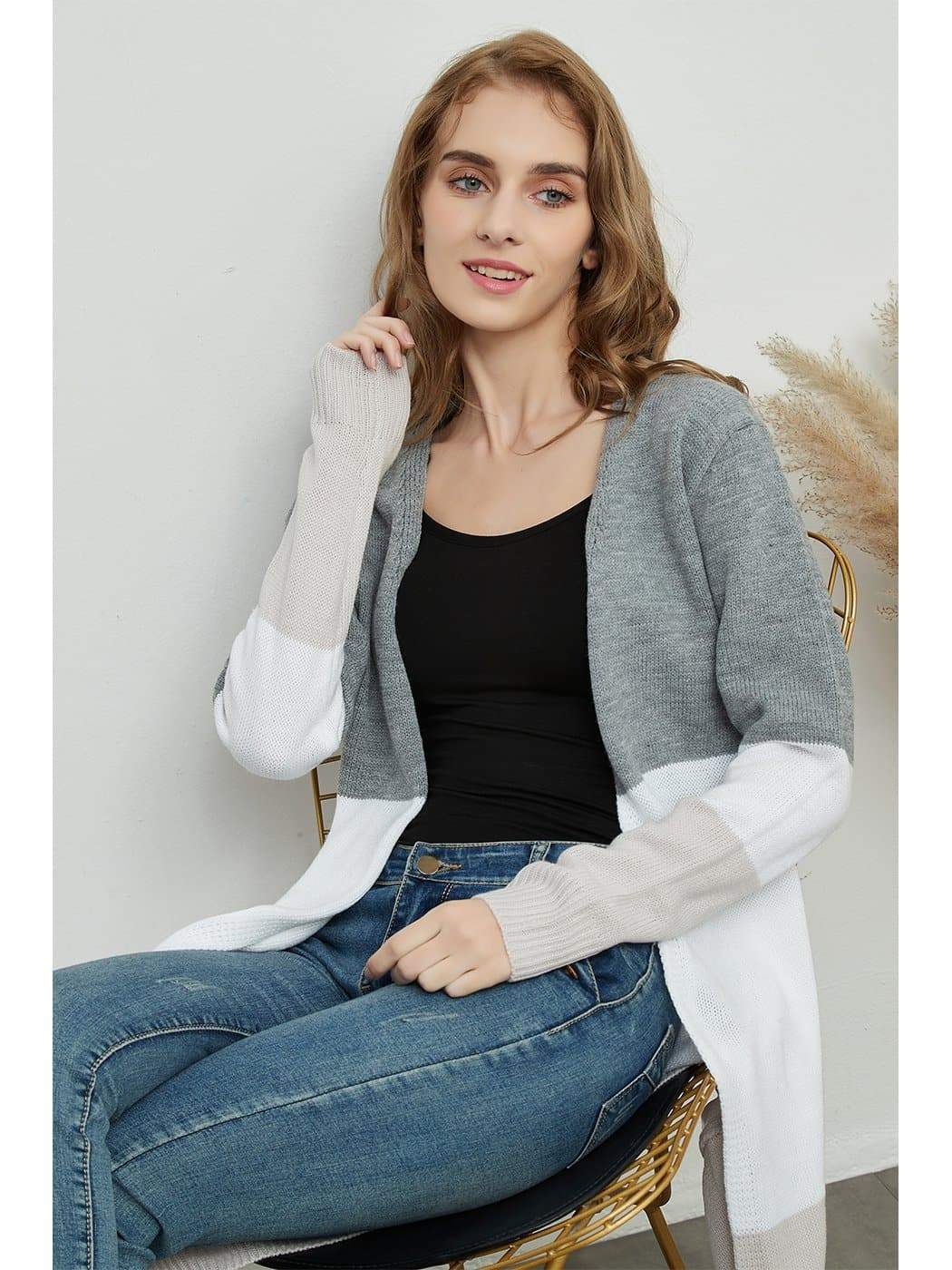 Cárdigan de punto casual de manga larga con frente abierto, abrigo suave, kimono a rayas con caída