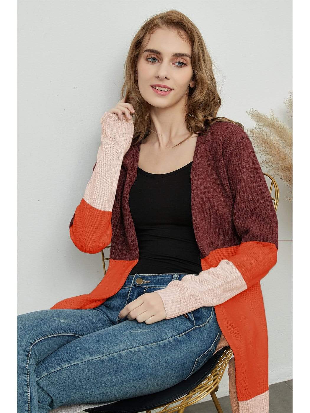 Cárdigan de punto casual de manga larga con frente abierto, abrigo suave, kimono a rayas con caída