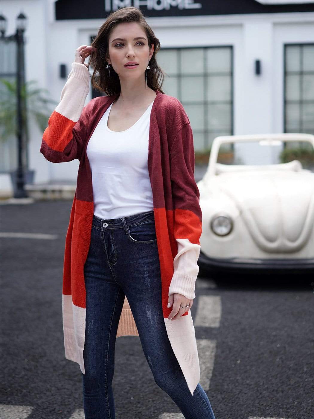 Cárdigan de punto casual de manga larga con frente abierto, abrigo suave, kimono a rayas con caída