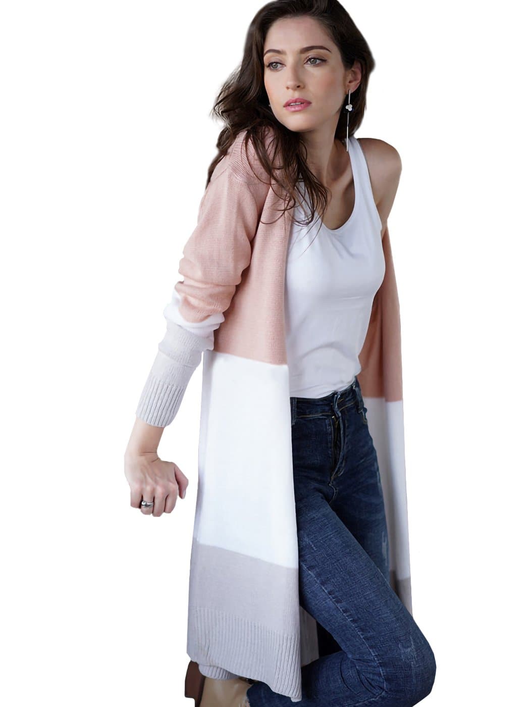 Cárdigan de punto casual de manga larga con frente abierto, abrigo suave, kimono a rayas con caída