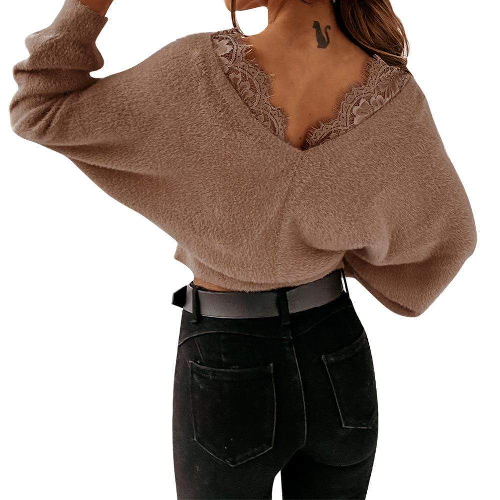 Suéter con detalle de encaje y cuello cruzado