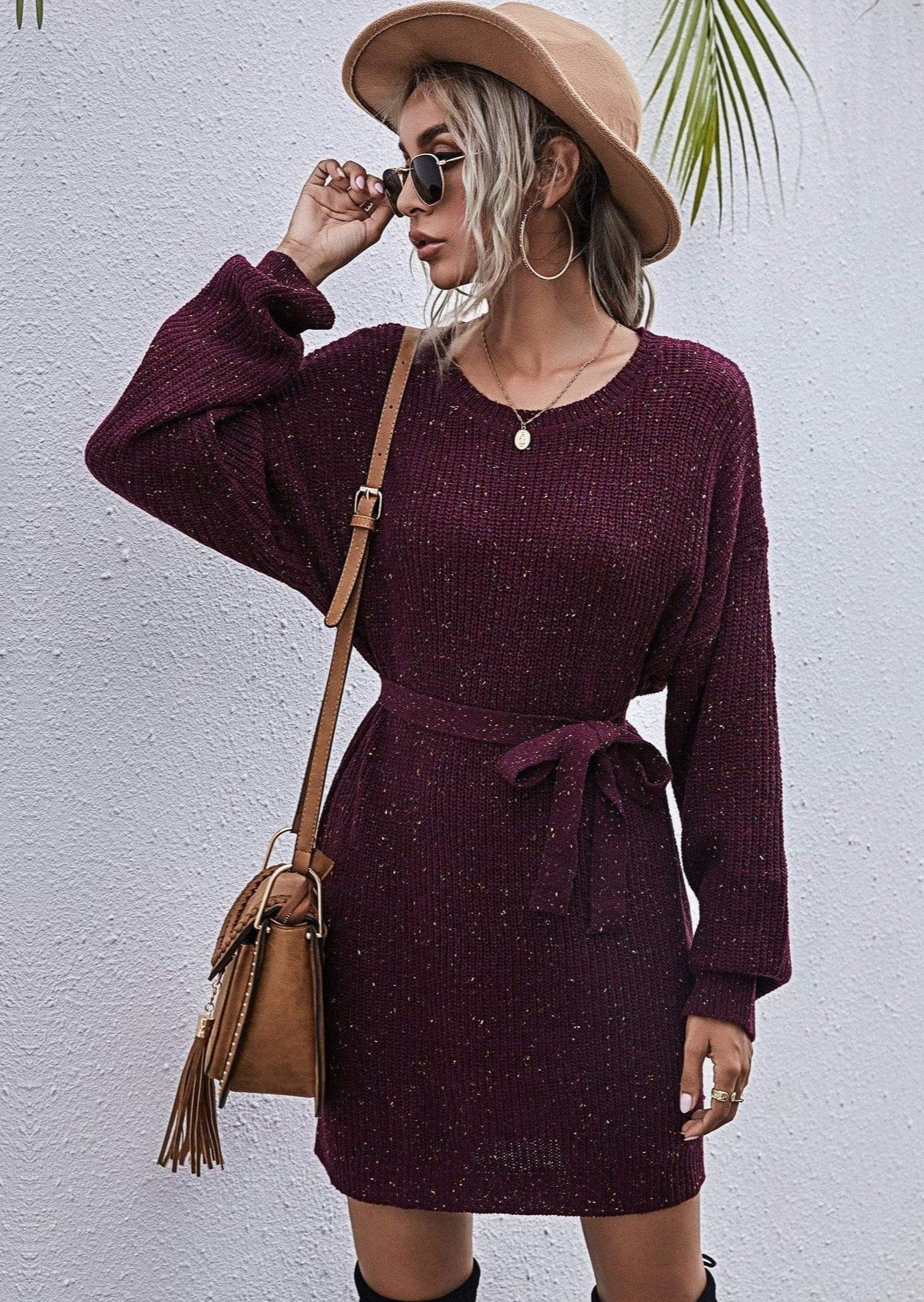Vestido de punto texturizado con lazo en la cintura