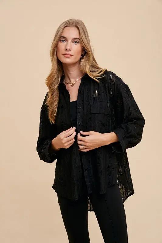 Accessories Trendsi Annie Wear Openwork Button Down Drop Shoulder Shirt