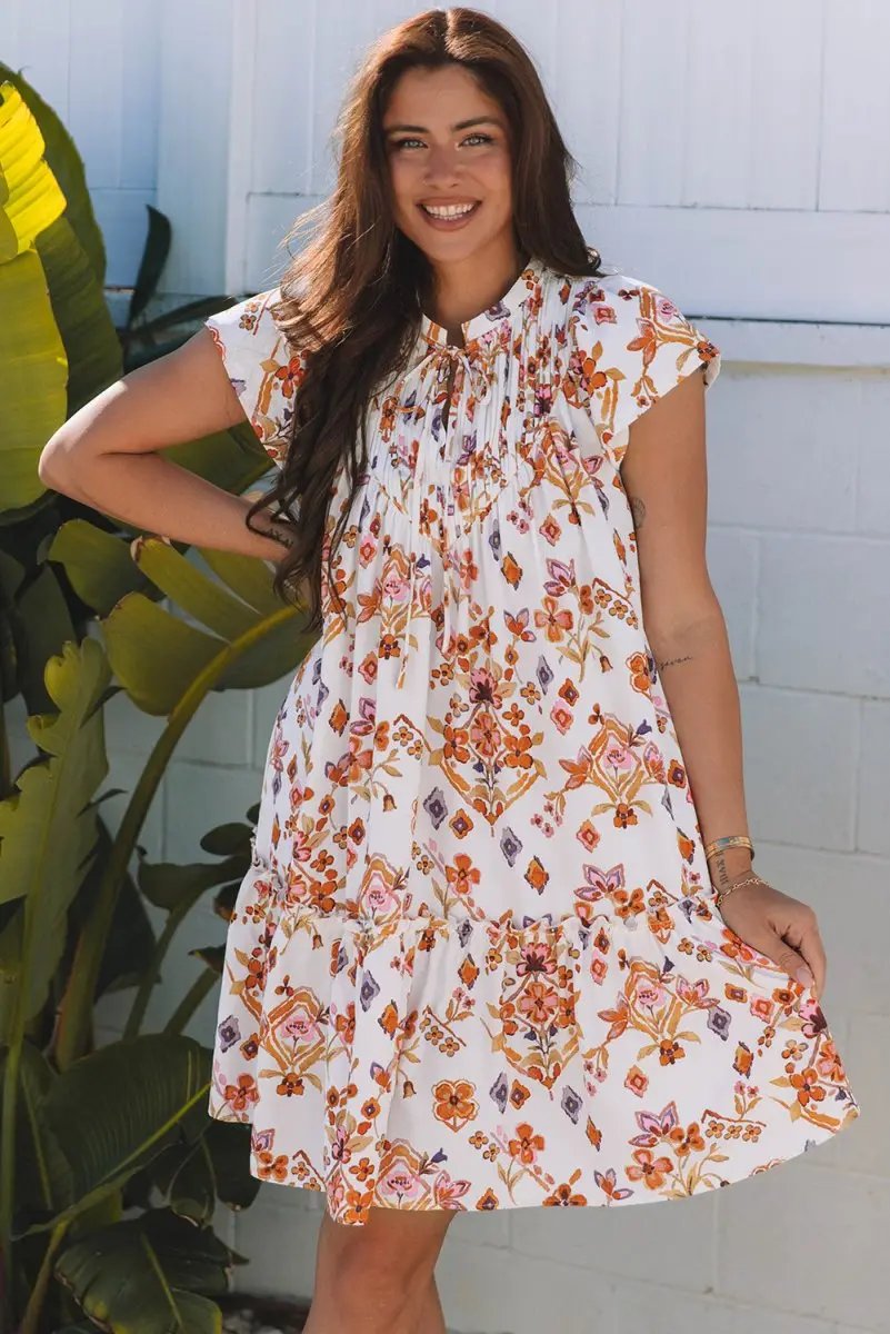 Dresses Love Salve  Apricot Floral Geometric Print Ruffled Trim
