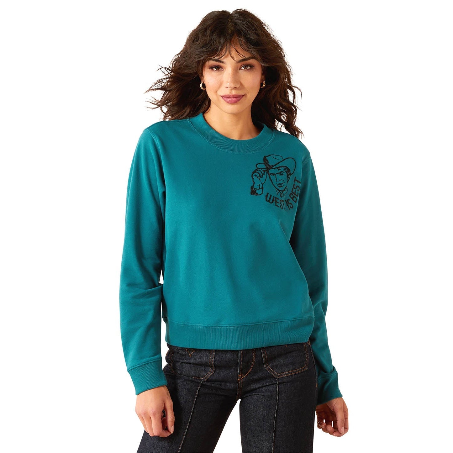 Sudadera gráfica Ariat Essential Sendero "West is Best" para mujer – Cuello redondo polar cómodo estilo western