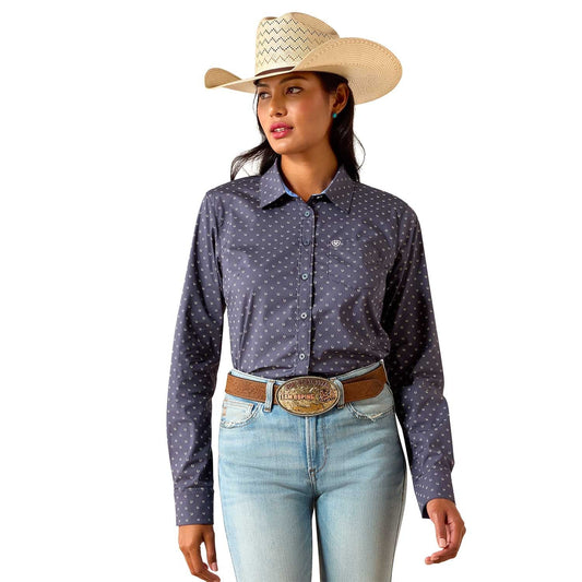 Camisa vaquera de manga larga con cuello y botones Kirby para mujer de Ariat – Top ecuestre de popelín elástico probado por jinetes
