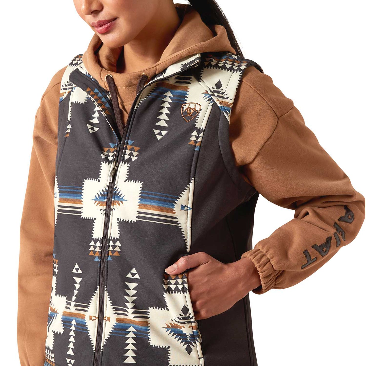 Ariat Chaleco estampado Softshell Logo Western para mujer – Capa exterior duradera con bolsillos con cremallera