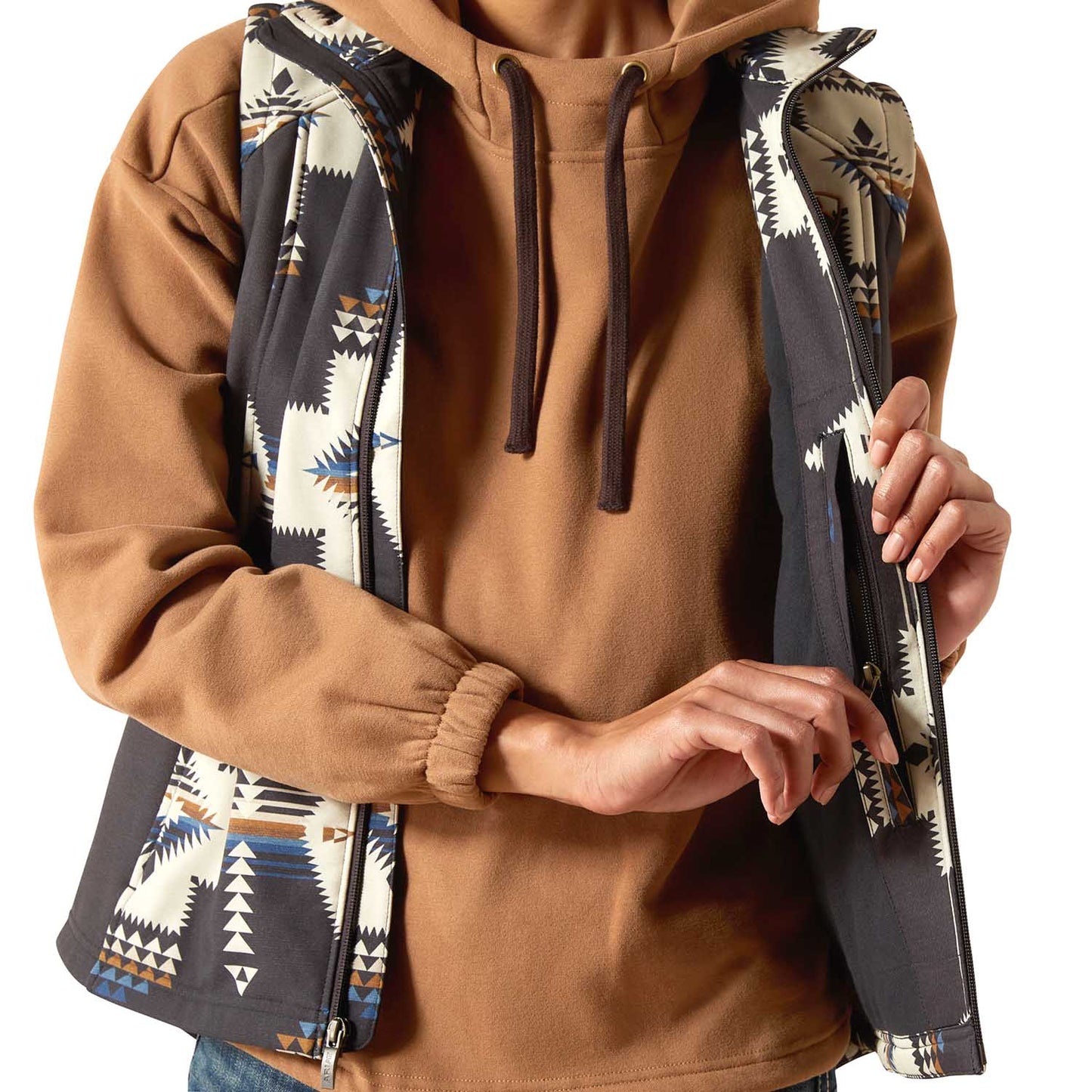 Ariat Chaleco estampado Softshell Logo Western para mujer – Capa exterior duradera con bolsillos con cremallera