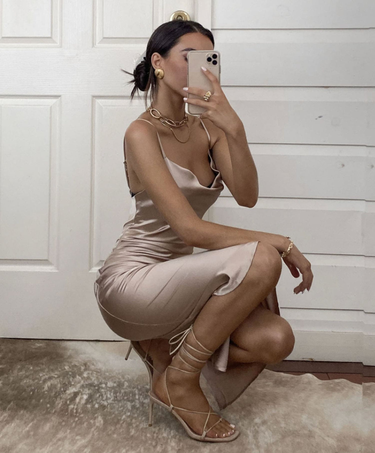 Aspen Midi Dress - Champagne Satin Slip Dress