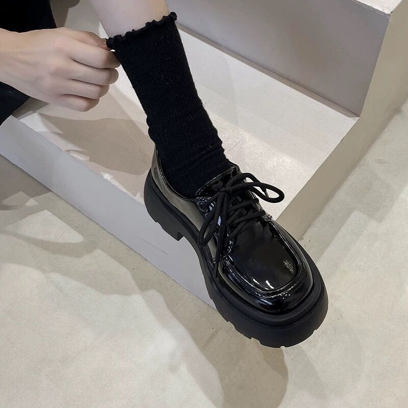 Zapatos de cuero para mujer estilo británico con suela gruesa – Mocasines de moda con tacón elevado