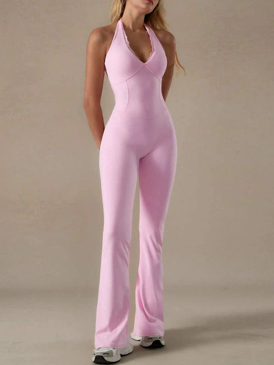 Ropa de yoga con escote de encaje, pantalones deportivos de running, mono con cuello halter