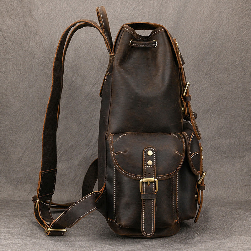 Large Capacity Crazy Horse Leather Backpack Travel Outdoor Flip