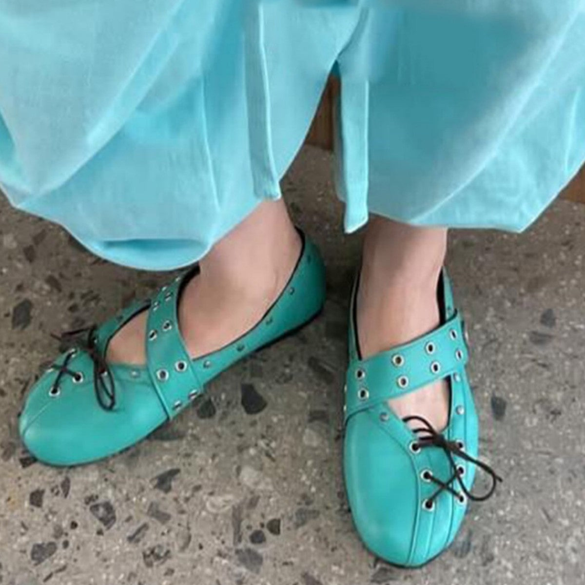 Rivet-strap Ballet Flats For Women Flat-soled Round-toe Mary Jane Leather Shoes