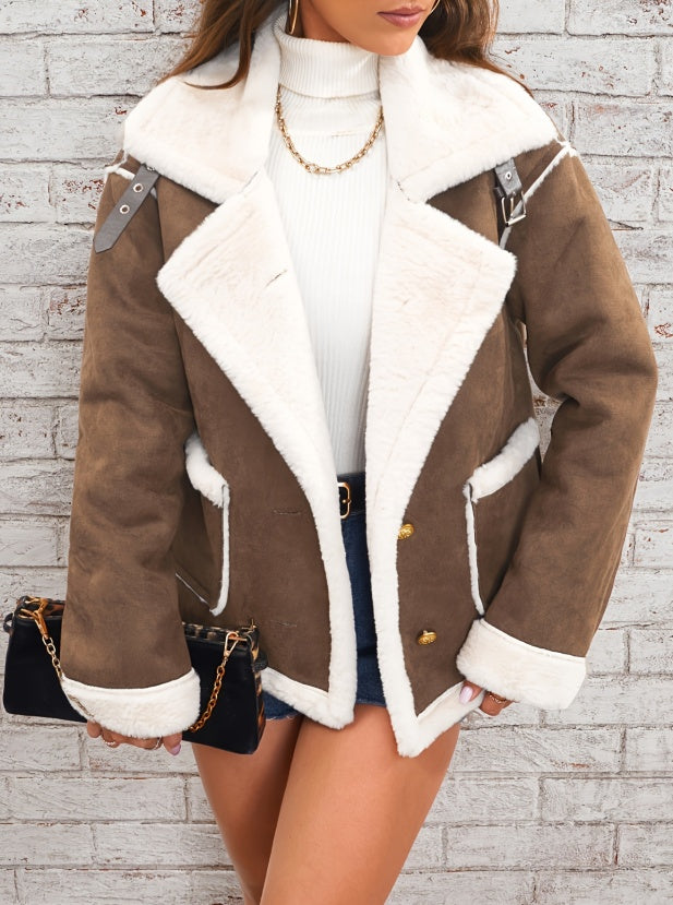 Lapel Plush Jacket, Winter Warm Casual Outwear, Women's Clothing