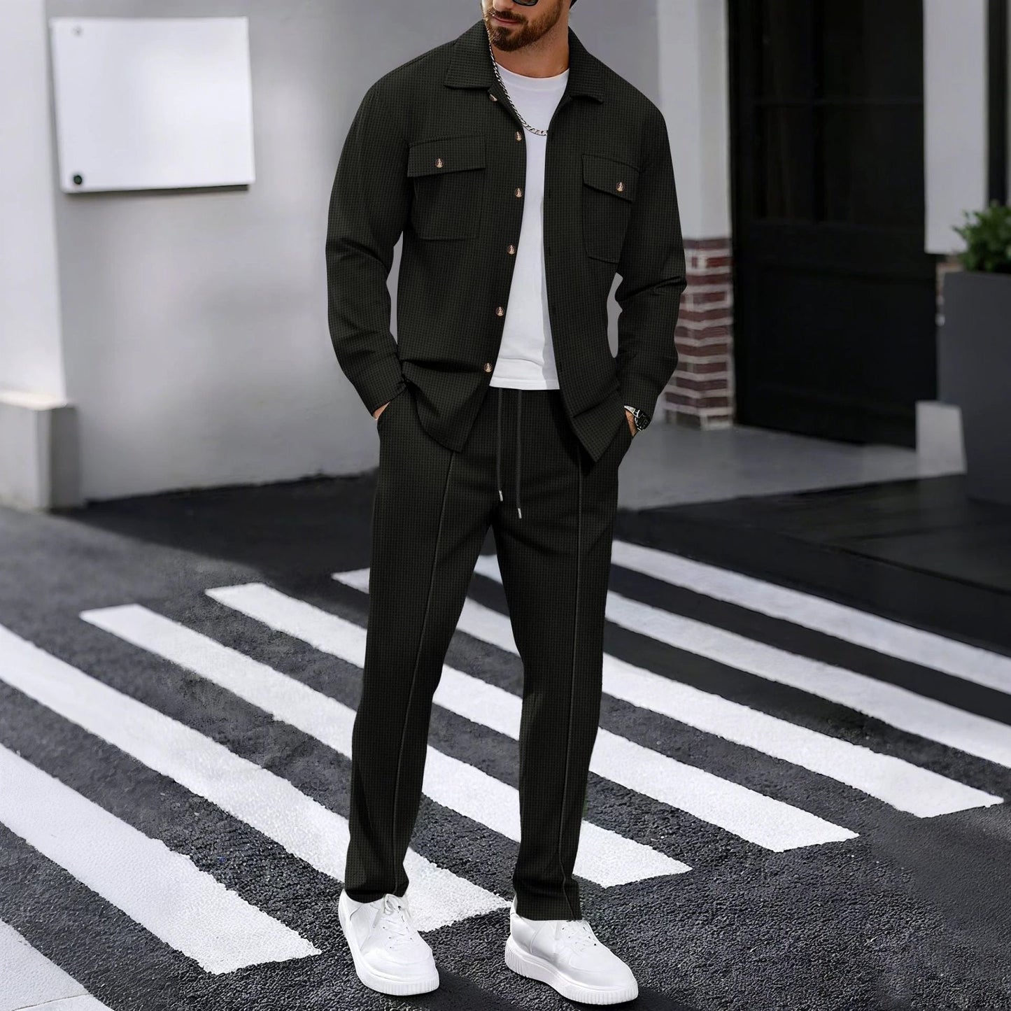 Autumn New Waffle Long-sleeved Trousers Two-piece Set Cardigan Shirt Suit