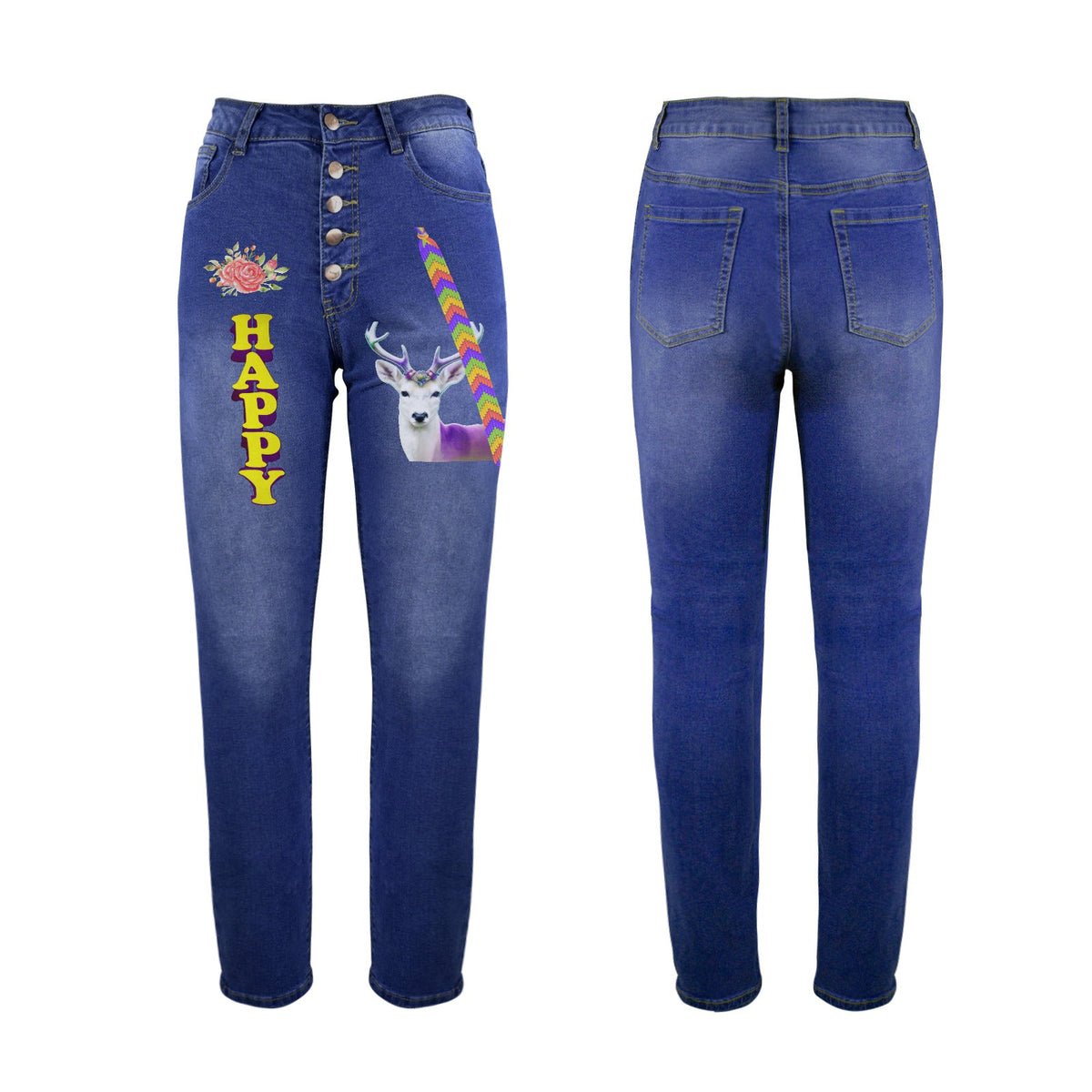 Women's Happy Deer Decorated Design Jeans with Front Printing