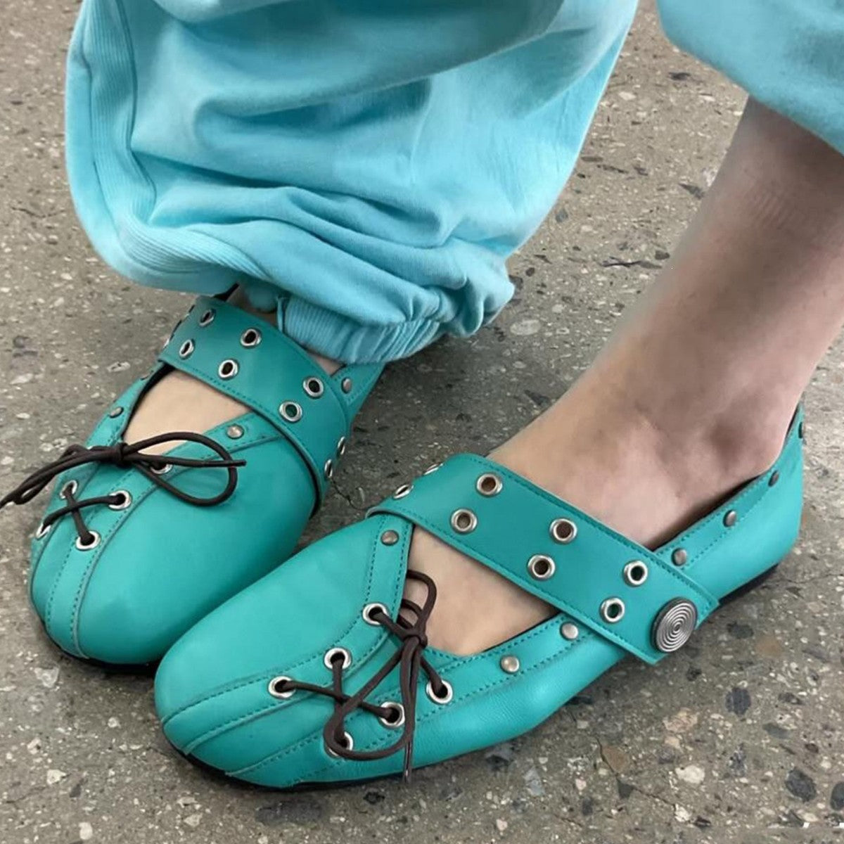 Rivet-strap Ballet Flats For Women Flat-soled Round-toe Mary Jane Leather Shoes