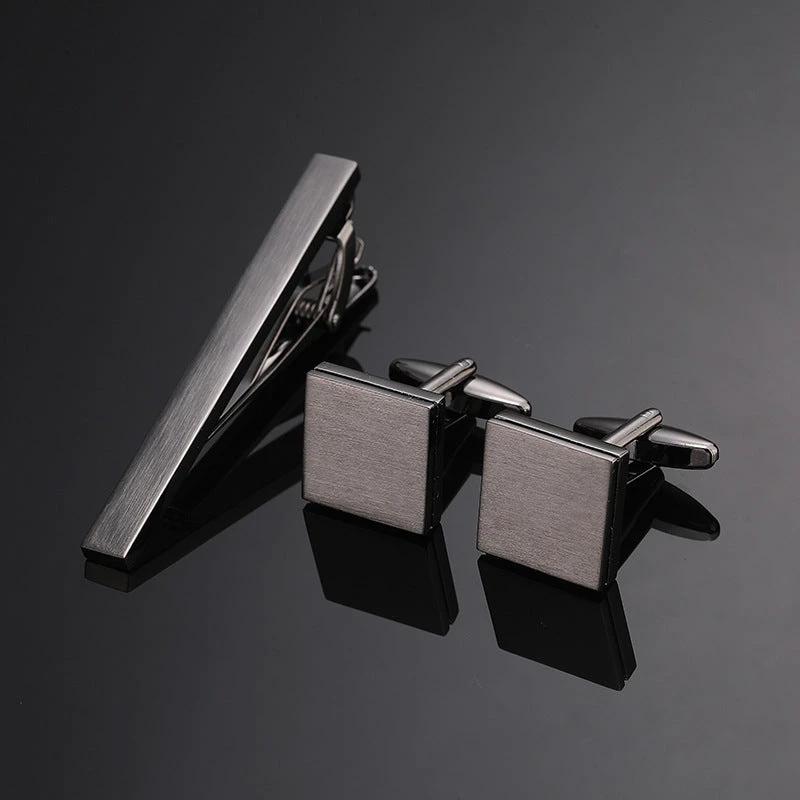 Gold Silver Black Square Brushed Tie Clip And Cufflinks