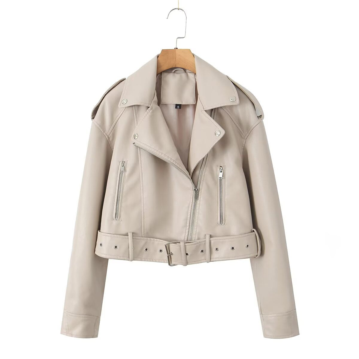 Womens Retro Short-belted Biker Jacket