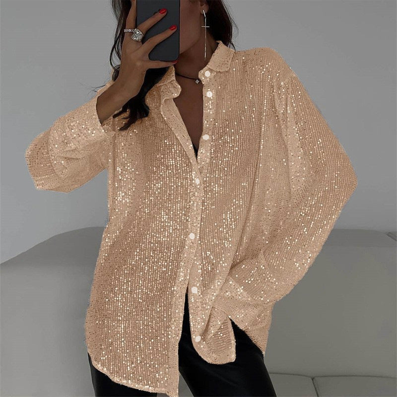 Sequin Lapel Long Sleeve Shirt See size chart under “more details”