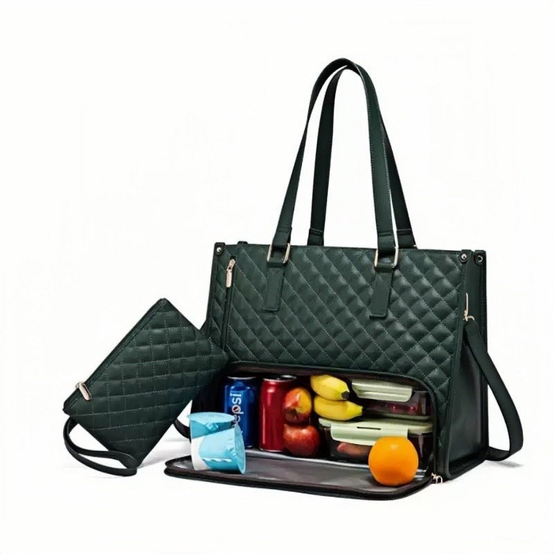 Unisex 2-in-1 Quilted Commuter Tote and Lunch Bag Handbag
