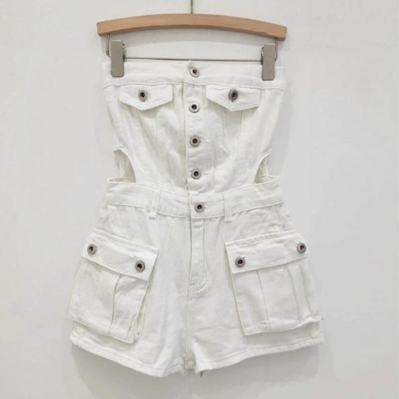 Hot Girl Breasted Hollow-out Midriff Tube Top Cowboy Siamese Shorts For Women