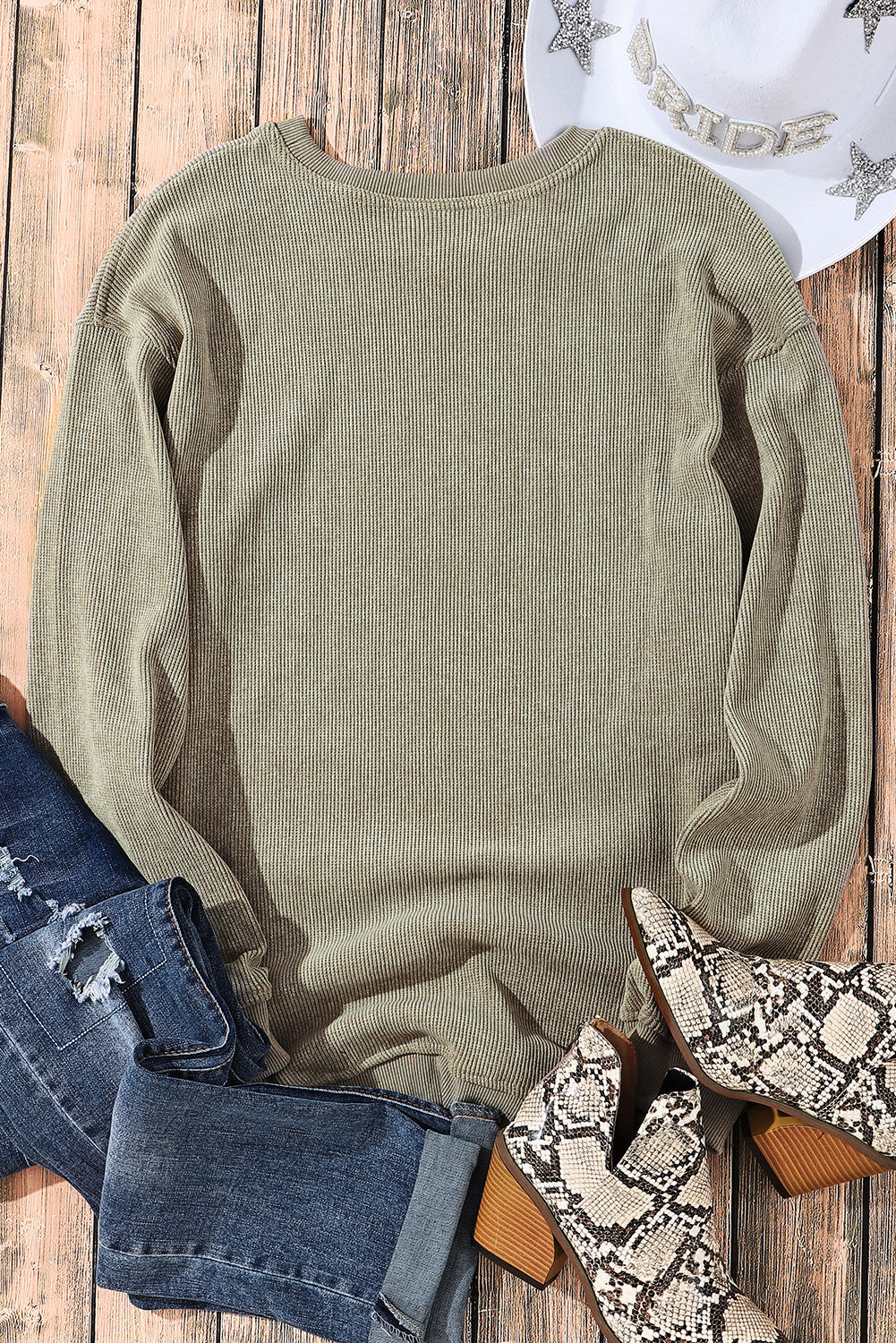 Sudadera Rosa Sólida de Punto Acanalado y Cuello Redondo