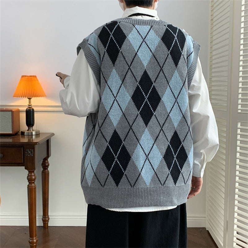 Men's Diamond-pattern V-neck Vest Sweater Vintage Pull-over Vest For Outerwear