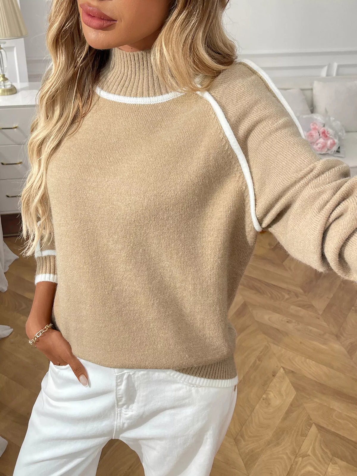 Contrast Trim Turtleneck Long Sleeve Sweater