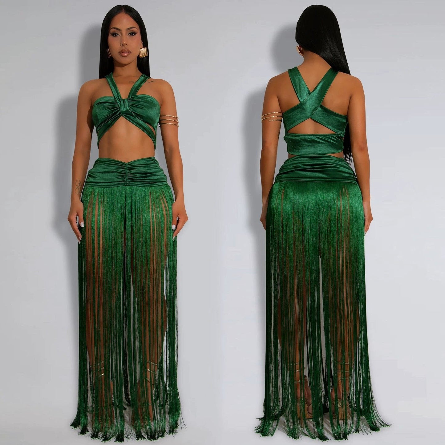 Sexy Shoulder Strap Top Tassel Skirt Two-piece Set