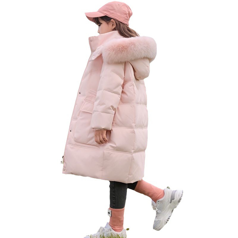 Girl Mid-length Winter Clothing Western Style Down Big Fur Collar Cotton Coat Jacket
