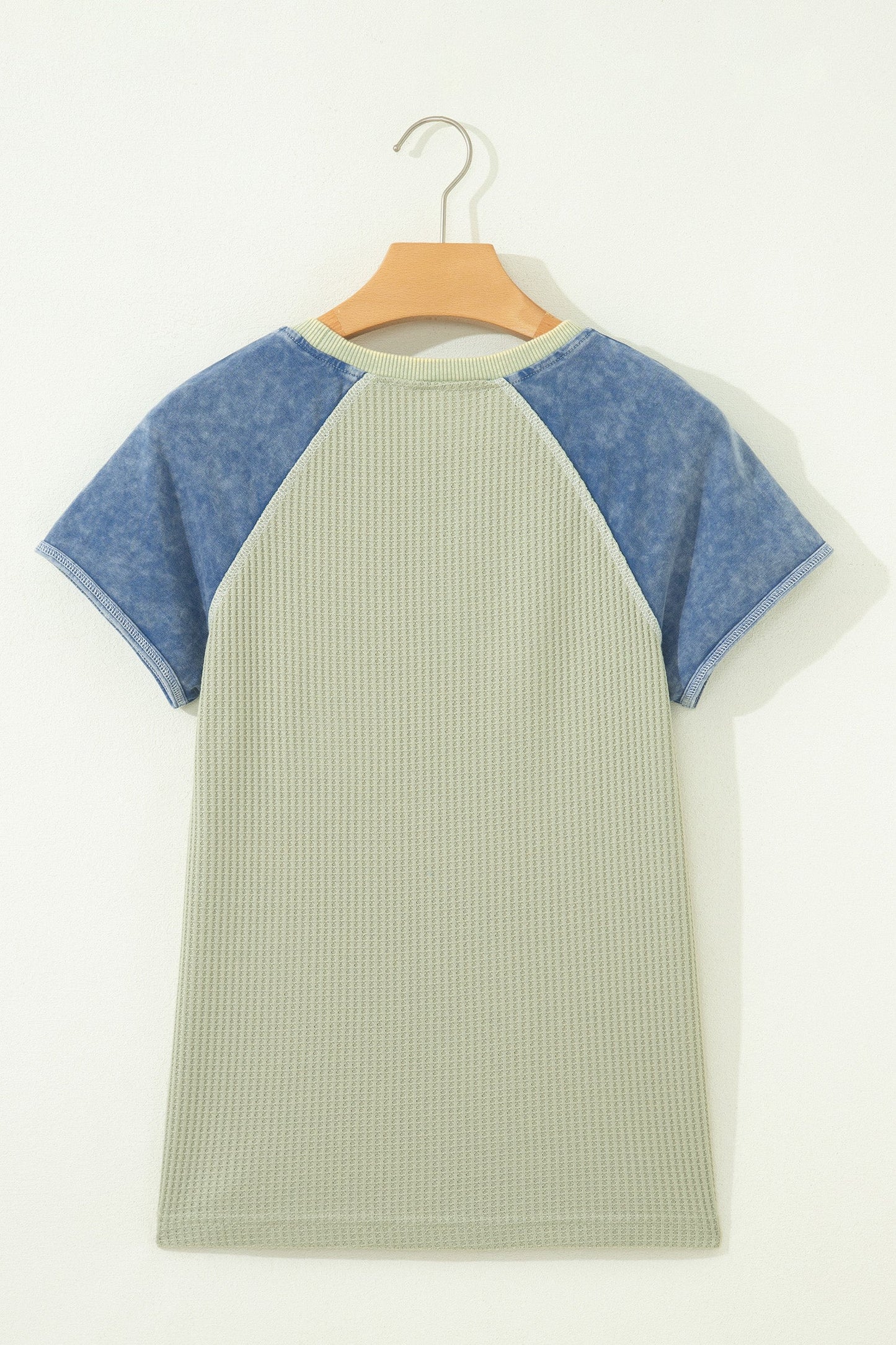 Carbon Grey Waffle Knit Seam Detail Color Block Patchwork Short Sleeve Top