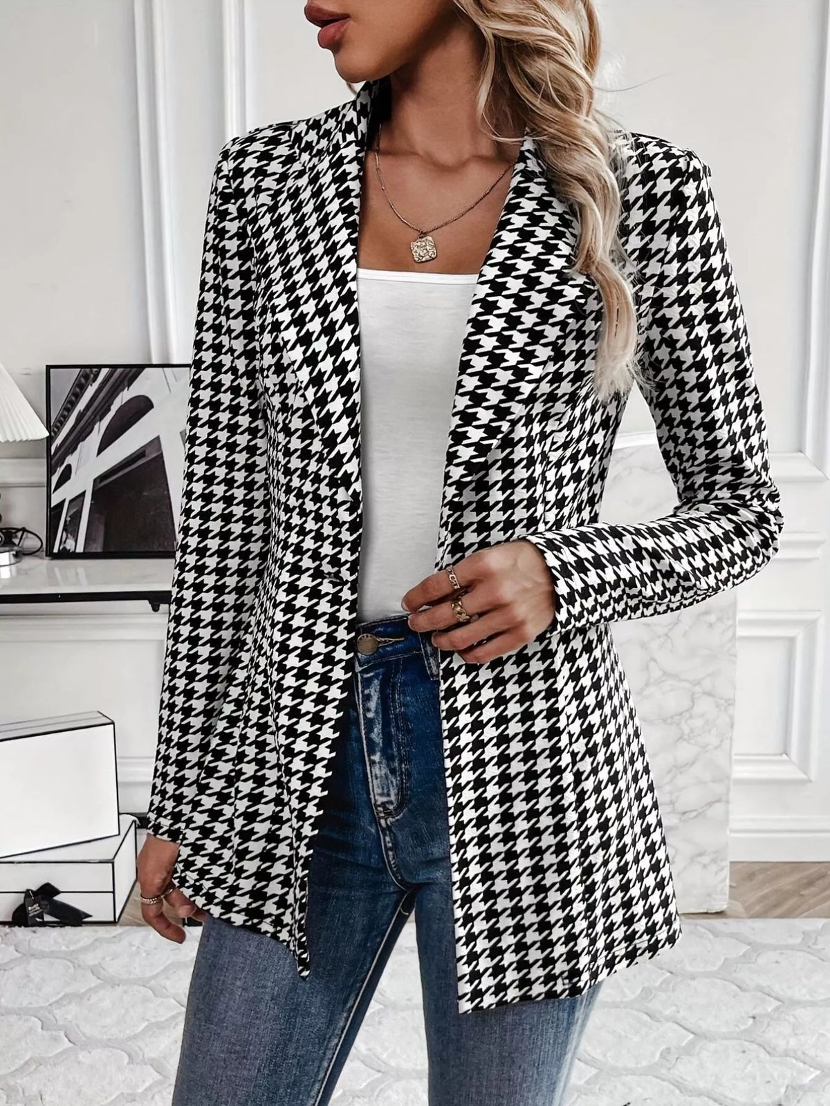 Houndstooth Print Lapel Collar Blazer