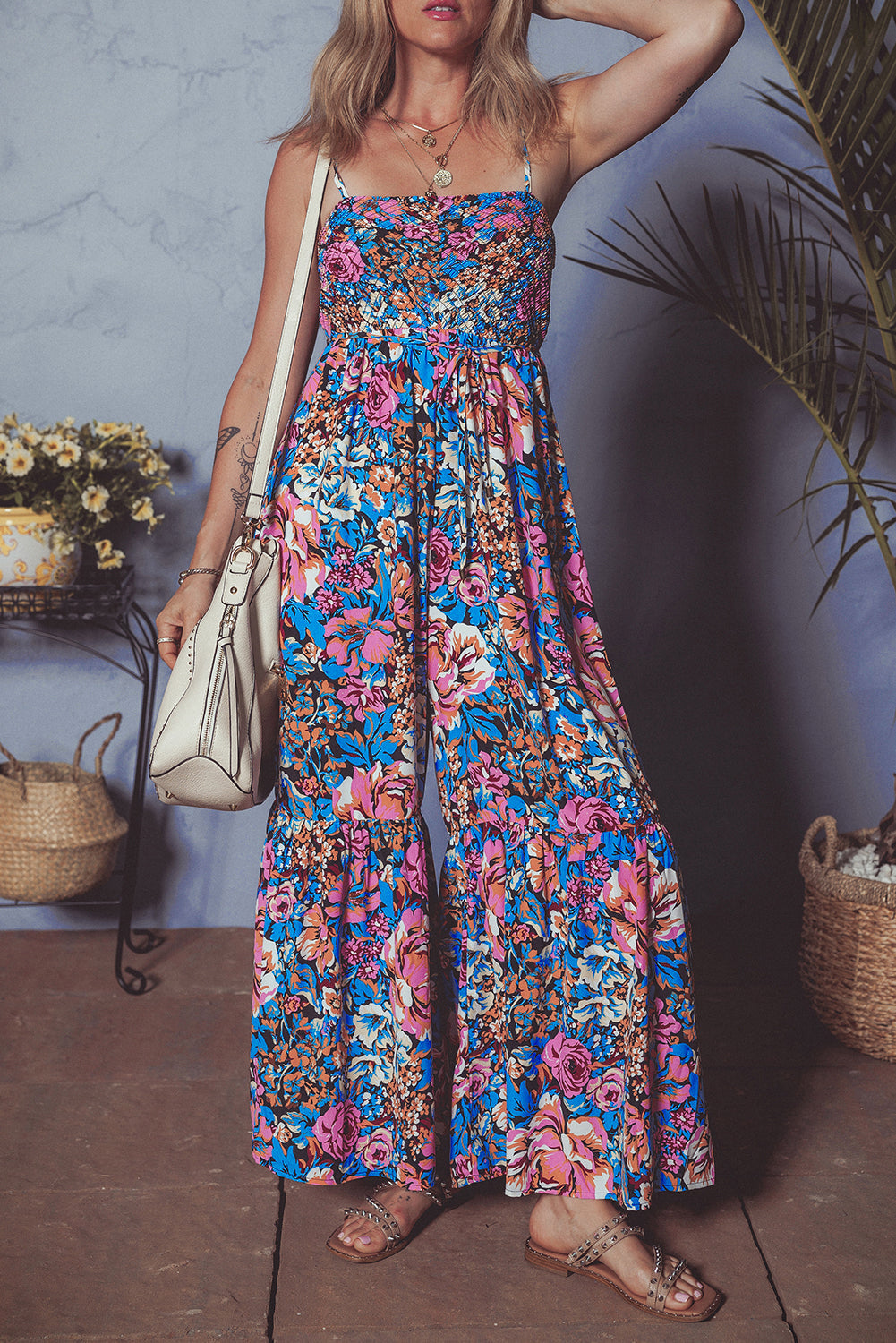 Pink Floral Smocked Bust Spaghetti Strap Wide Leg Jumpsuit