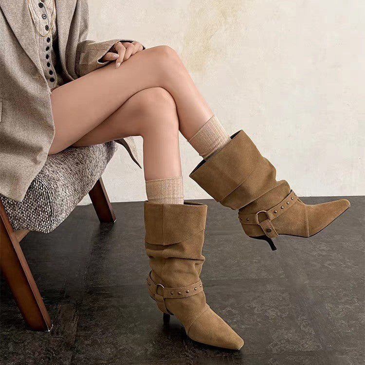 Women's Vintage Short Boots, 2026 Autumn Winter New Rivet Pointed Toe Mid Cuff Slouchy Ruched Stiletto Heel Boots With Belt Buckle