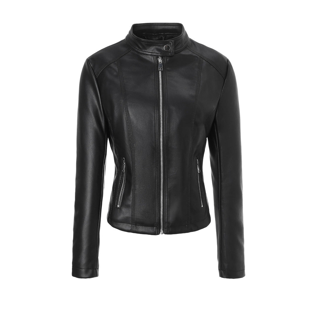 Women's Stand-collar Zip-up Biker PU Leather Jacket