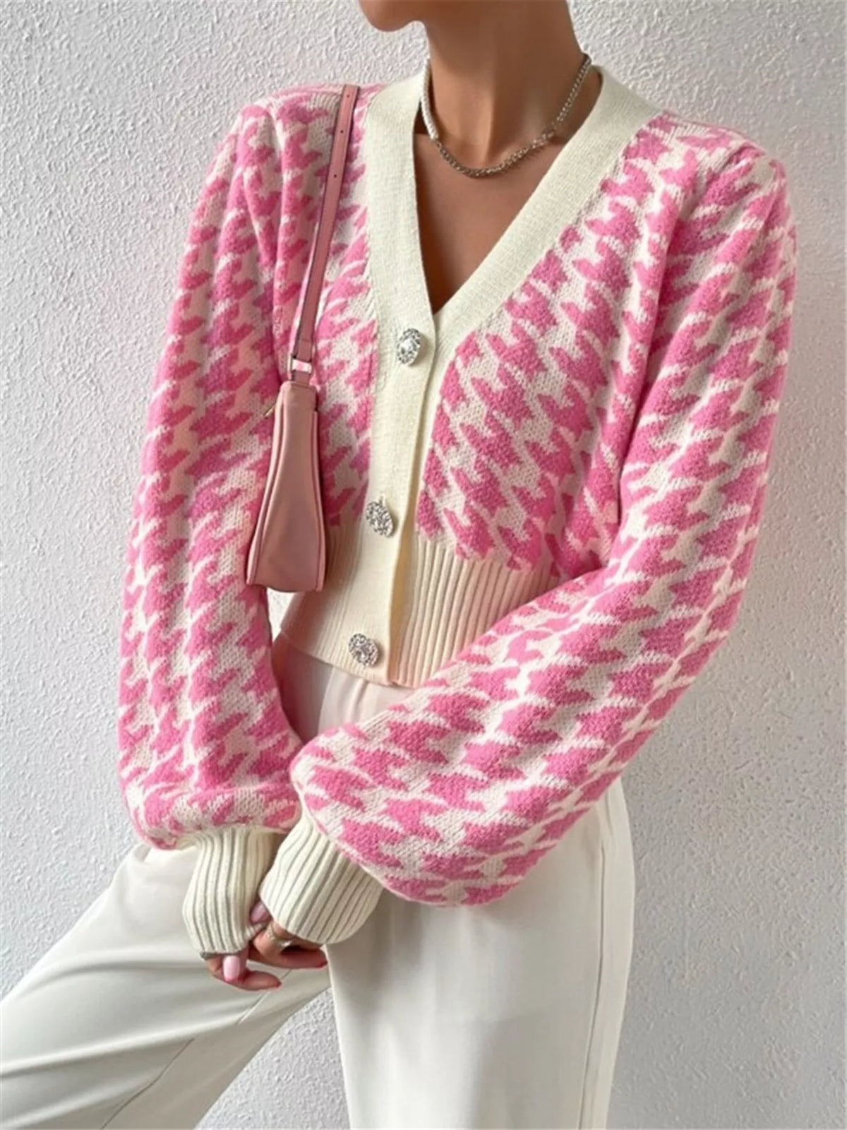 Houndstooth V-Neck Button Up Cardigan