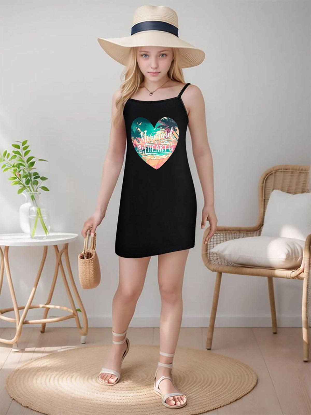 Mermaid at Heart Girls' Dress with Shoulder Straps (Front Printing)