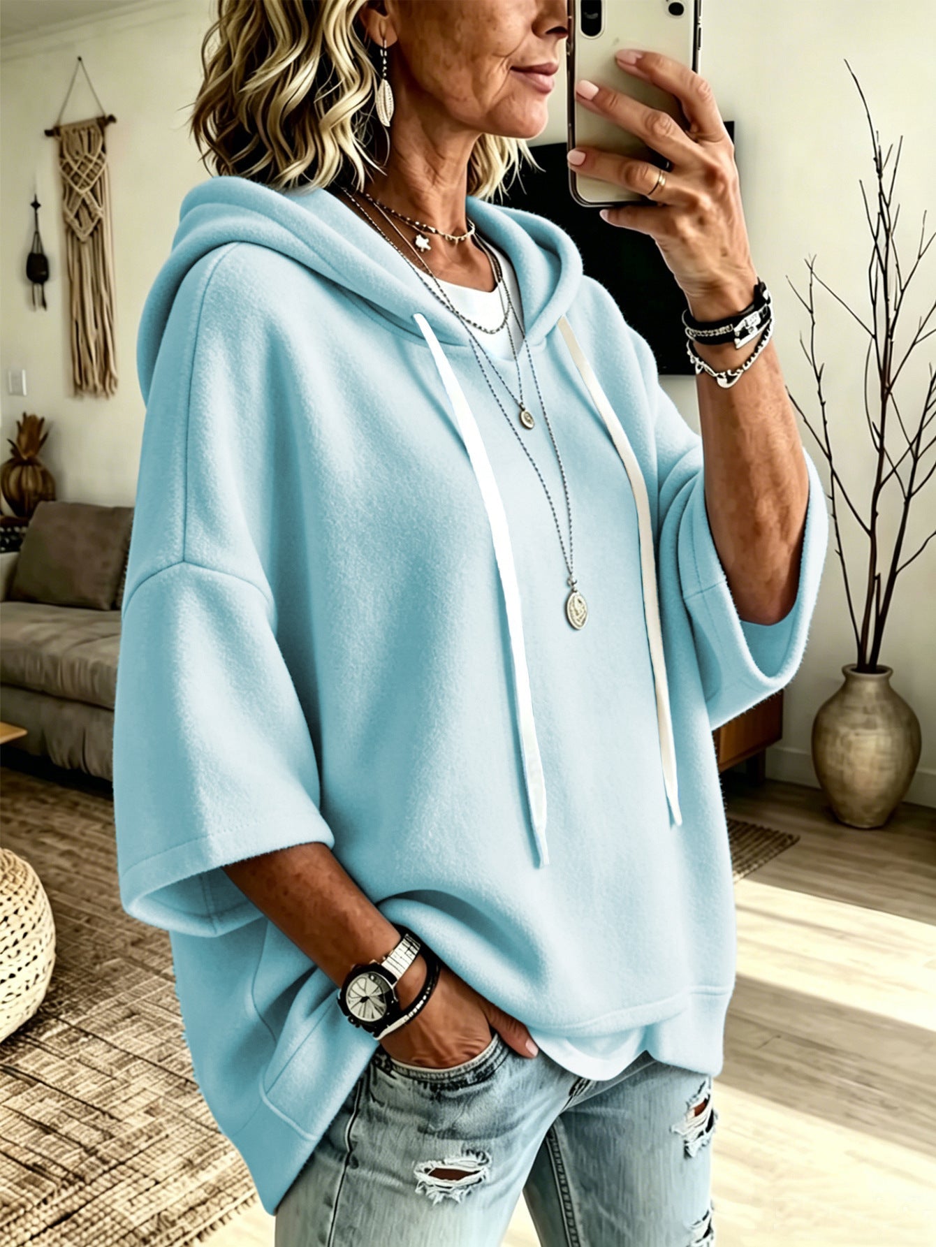 Women's Oversized Batwing Sleeve Hoodie – Loose Fleece Pullover