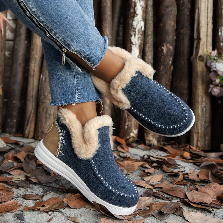 Fleece-Lined Flat Cotton Ankle Boots