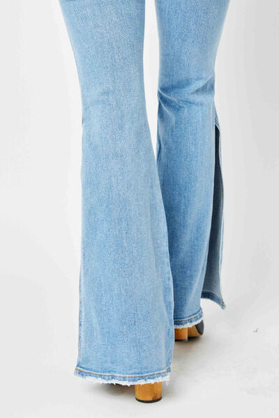 Judy Blue Full Size Mid Rise Raw Hem Slit Flare Jeans up to 24W